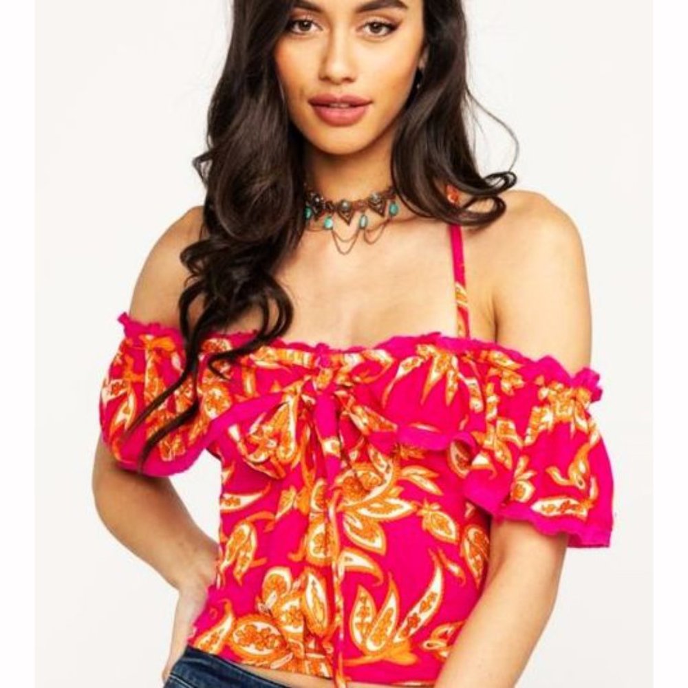 Free People Cha Cha Off-The-Shoulder Top Raspberry Sorbet Fuchsia Hot Pink XS